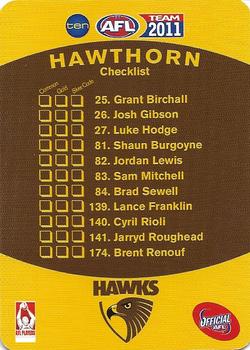 2011 Team Zone AFL Team - Team Checklists #NNO Hawthorn Hawks Back